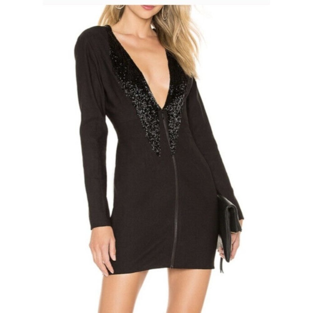 NBD x NAVEN‎ Woman’s Millie Fringed  V-Neck Dress Black long sleeve mini  SZ XXS